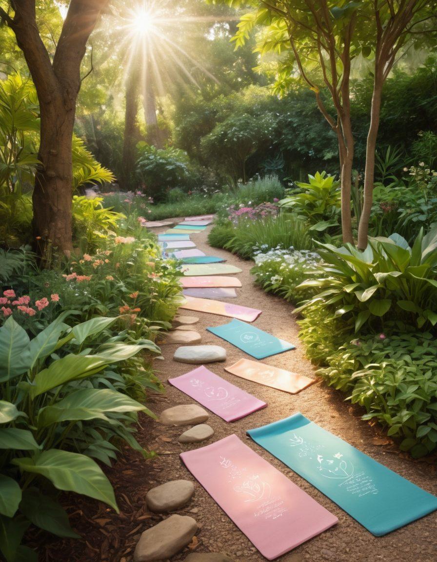 A serene pathway winding through a lush garden, symbolizing hope and healing, with diverse individuals sharing their stories of resilience. Soft rays of sunlight filtering through the leaves, and wellness symbols like yoga mats and herbal tea in the scene. The background features soft pastel colors to convey warmth and inspiration. super-realistic. vibrant colors.