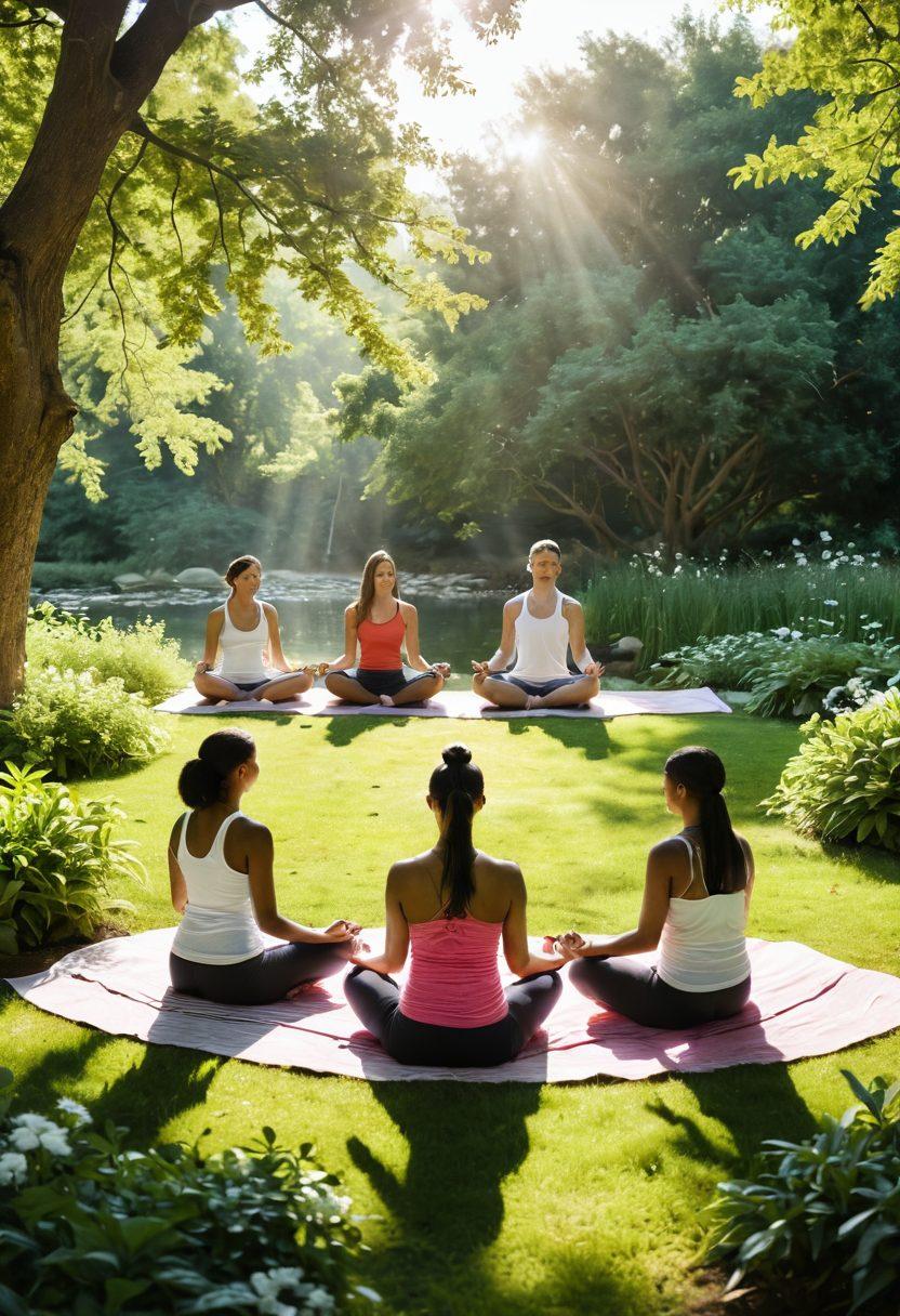 A serene scene depicting a diverse group of individuals engaging in various wellness activities such as meditation, yoga, and sharing a healthy meal in a sunlit, tranquil park. Incorporate elements of nature, like blooming flowers and gentle water features, to symbolize healing and growth. The atmosphere should feel uplifting and encouraging, radiating positivity and support. super-realistic. vibrant colors. peaceful background.